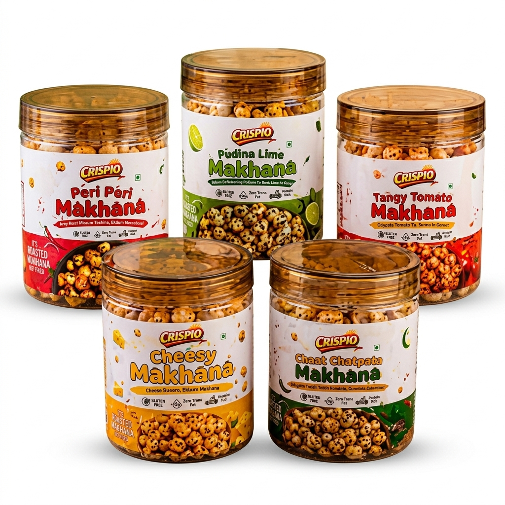 Crispio Roasted Makhana Ultimate Variety Feast – Pack of 5 (Peri Peri, Pudina Lime, Tangy Tomato, Cheesy & Chaat Chatpata) — 200g Roasted Makhana Jar by Crispio