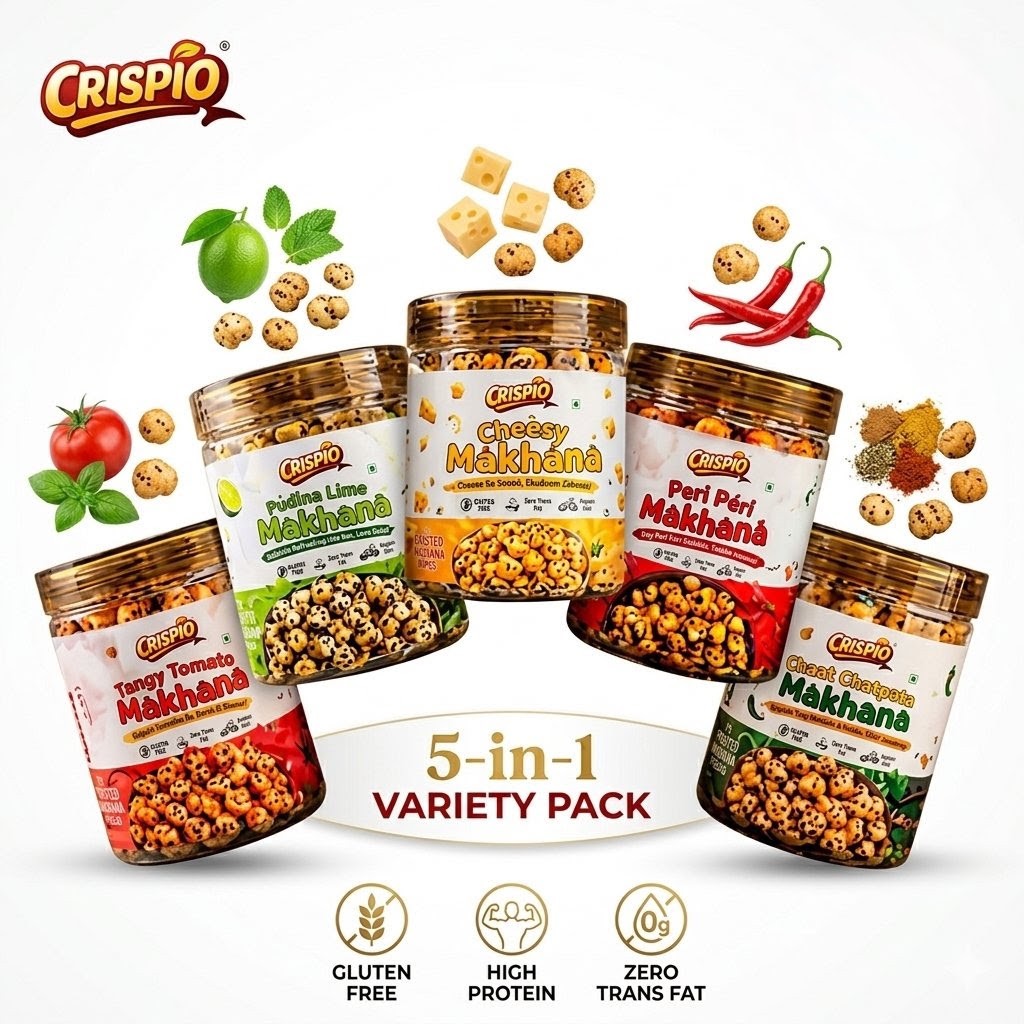 Crispio Roasted Makhana Ultimate Variety Feast – Pack of 5 (Peri Peri, Pudina Lime, Tangy Tomato, Cheesy & Chaat Chatpata) — Image 2