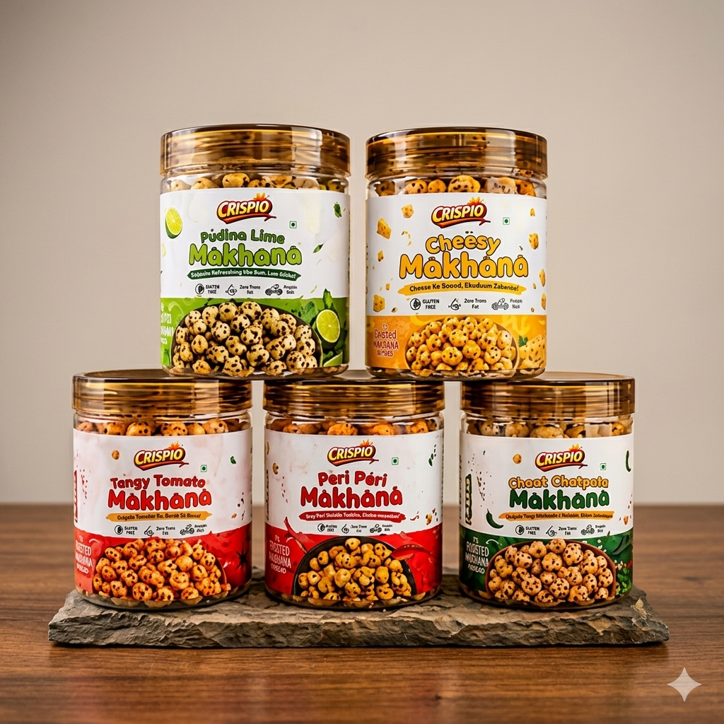 Crispio Roasted Makhana Ultimate Variety Feast – Pack of 5 (Peri Peri, Pudina Lime, Tangy Tomato, Cheesy & Chaat Chatpata) — Image 3