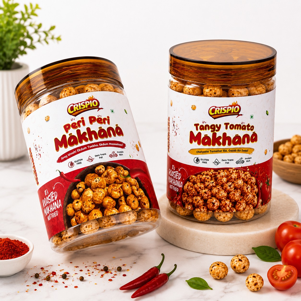 Crispio Roasted Makhana Flavour Fiesta – Pack of 2 (Peri Peri + Tangy Tomato) — Image 2