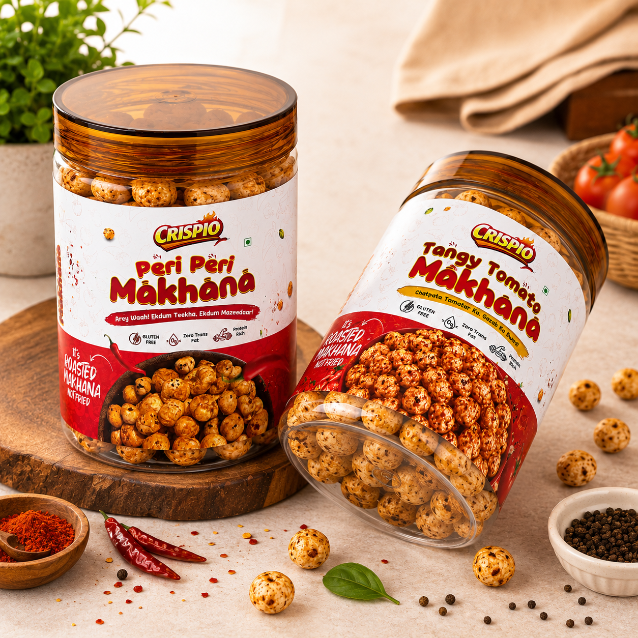 Crispio Roasted Makhana Flavour Fiesta – Pack of 2 (Peri Peri + Tangy Tomato) — Image 3