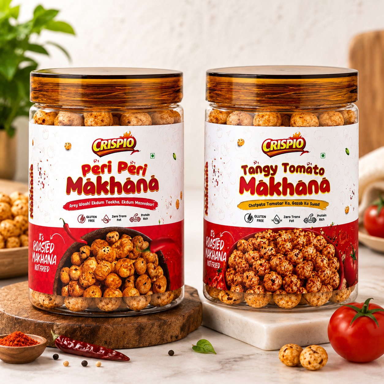 Crispio Roasted Makhana Flavour Fiesta – Pack of 2 (Peri Peri + Tangy Tomato) — Image 4
