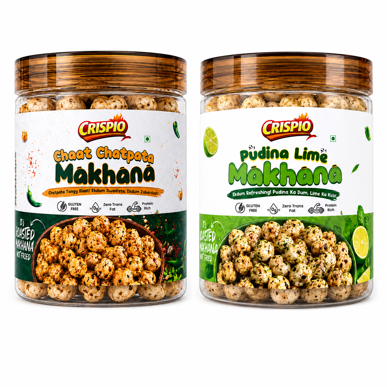 Crispio Roasted Makhana Desi Fusion – Pack of 2 (Chaat Chatpata + Pudina Lime) — Crispio Roasted Makhana